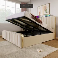 Łóżka - Łóżko tapicerowane 180x200 cm, podwójny tapicerowany zagłówek ze złotymi paskami dekoracyjnymi i funkcją ładowania USB typu C, bez materaca - miniaturka - grafika 1