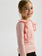 Bluzki dla dziewczynek - Reserved - Prążkowana bluzka z falbanką - brudny róż - miniaturka - grafika 1