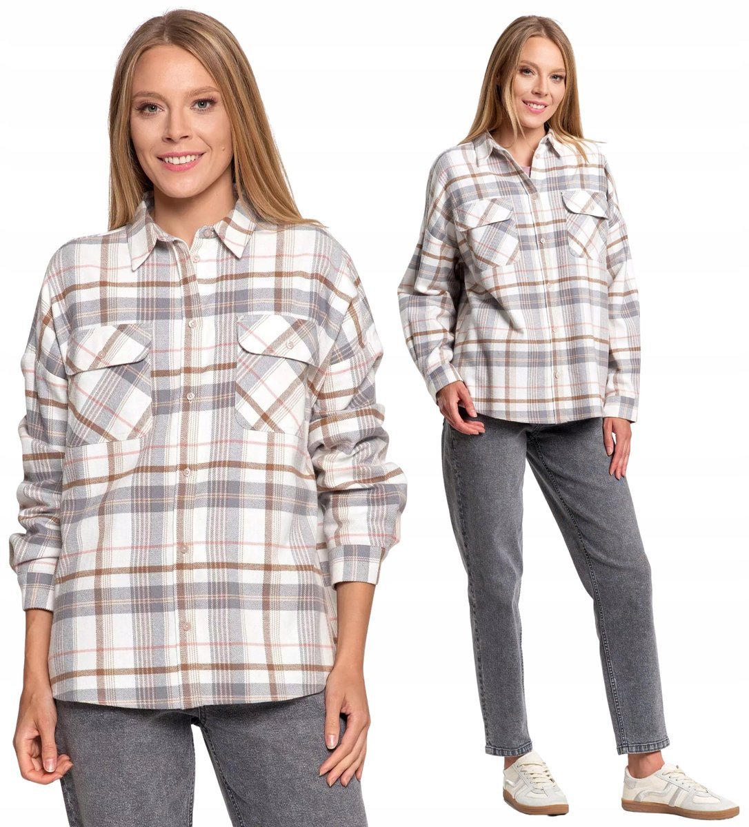 Flanelowa Bawełniana Koszula Damska W kratę Długi Rękaw szara MORAJ 2XL/3XL