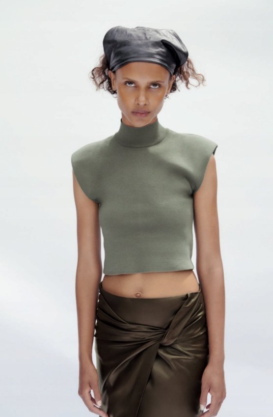 ZARA TOP DAMSKI DZIANINOWY KHAKI KLASYCZNY l 1HED