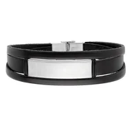 Bransolety męskie - Bransoletka męska skórzane czarne rzemienie ze stalową blachą. - miniaturka - grafika 1