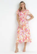 Sukienki - Pomarańczowa Rozkloszowana Sukienka z Wiskozy i Wiązanym Paskiem Asaria - miniaturka - grafika 1