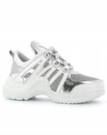 Półbuty damskie - Bia��e srebrne sneakersy Carinii B6020-187 sk��ra siatka r.38 - miniaturka - grafika 1