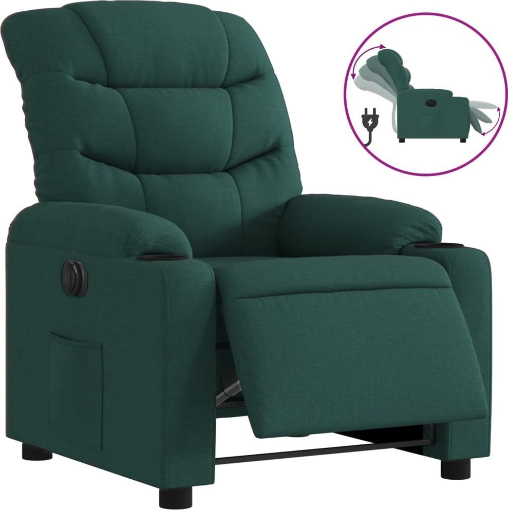 Elektryczny fotel rozkładany, ciemnozielony, obity tkaniną