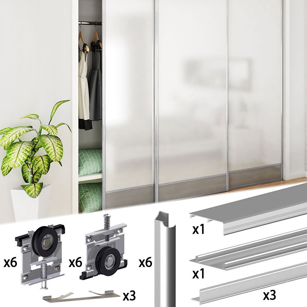 System przesuwny do szafy SLID’UP 210 grubość drzwi 16 mm, na 3 skrzydła, długość prowadnicy 270 cm, kolor srebrny