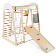 Place zabaw - 7 w 1 Drewniany plac zabaw dla dzieci z tablicą i huśtawką, trójkąt wspinaczkowy Montessori z drabinką i siatką, dla dzieci powyżej 3 lat, beżowy - miniaturka - grafika 1