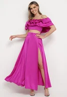 Komplety damskie - Fioletowy Komplet z Bluzką Hiszpanką z Falbankami i Spódnicą z Długim Rozcięciem na Boku Cevana - miniaturka - grafika 1
