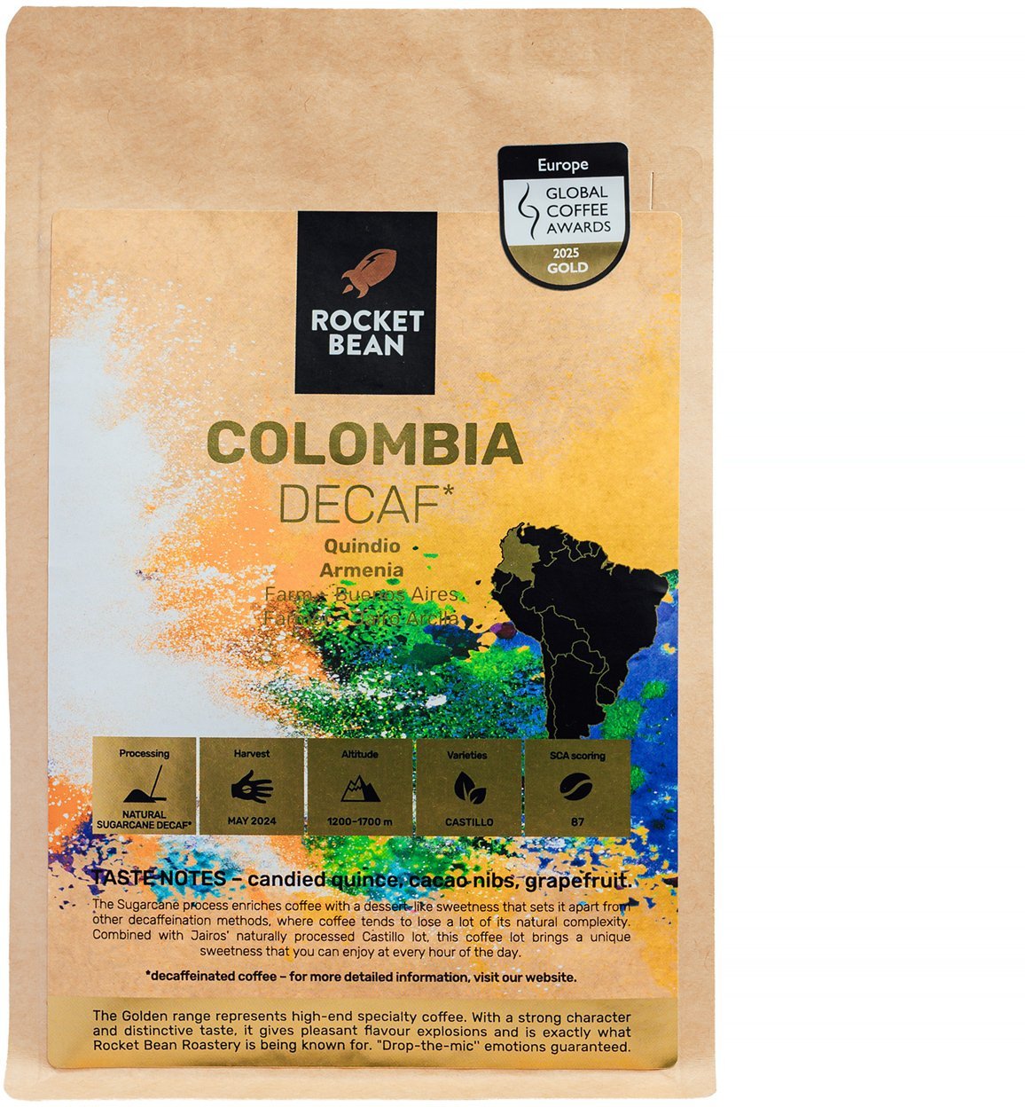 Rocket Bean - kawa ziarnista bezkofeinowa Kolumbia Quindío Armenia Decaf Filter 200 g