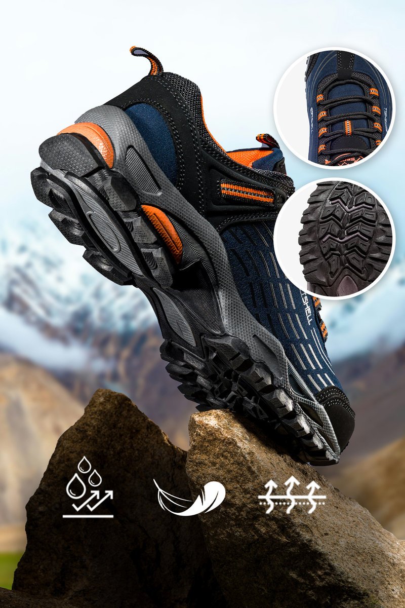 Granatowe buty trekkingowe damskie sznurowane z pomarańczowymi dodatkami softshell casu b1528-5-41