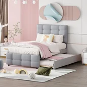 Łóżka dla dzieci i młodzieży - Łóżko tapicerowane Fortuna Lai 90 x 200 cm, regulowane wezgłowie, lniana tapicerka przyjazna dla skóry, rozkładane łóżko dziecięce, łóżko pojedyncze łóżko dziecięce łóżko młodzieżowe łóżko gościnne (szary) - miniaturka - grafika 1