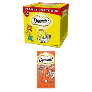 DREAMIES™ Variety Snack Box – karma uzupełniająca dla kotów (z kurczakiem, z serem i o smaku łososia) - 12x60g + DREAMIES 30g – karma uzupełniająca dla dorosłych kotów, z pysznym kurczakiem GRATIS - Przysmaki dla kotów - miniaturka - grafika 1