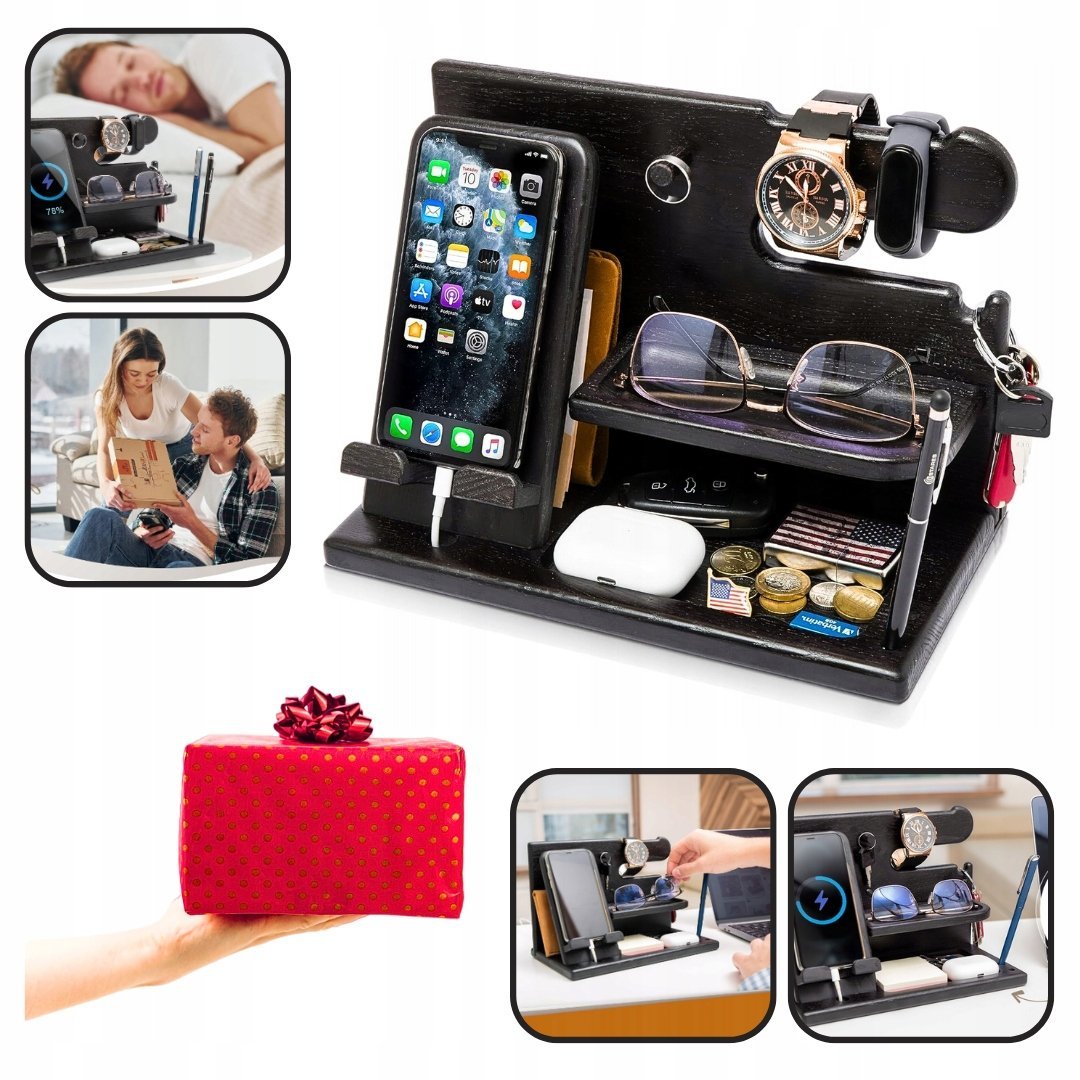Drewniana stacja dokująca na telefon, stojak na portfel i zegarki Organizer