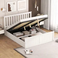 Łóżka - Łóżko drewniane Fortuna Lai 140x200 cm białe, podwójne łóżko z listwowym stelażem i schowkiem, lite drewno sosnowe - miniaturka - grafika 1