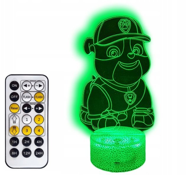 LAMPKA 3D LED PSI PATROL RUBBLE USB/BATERIE + PILOT RGB