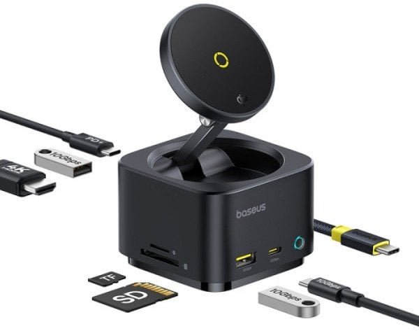 Hub USB-C 7w1 Baseus MagPro Series II z ładowarką kompatybilną z MagSafe 15W + HDMI + USB-A + USB-C + SD/TF - czarny