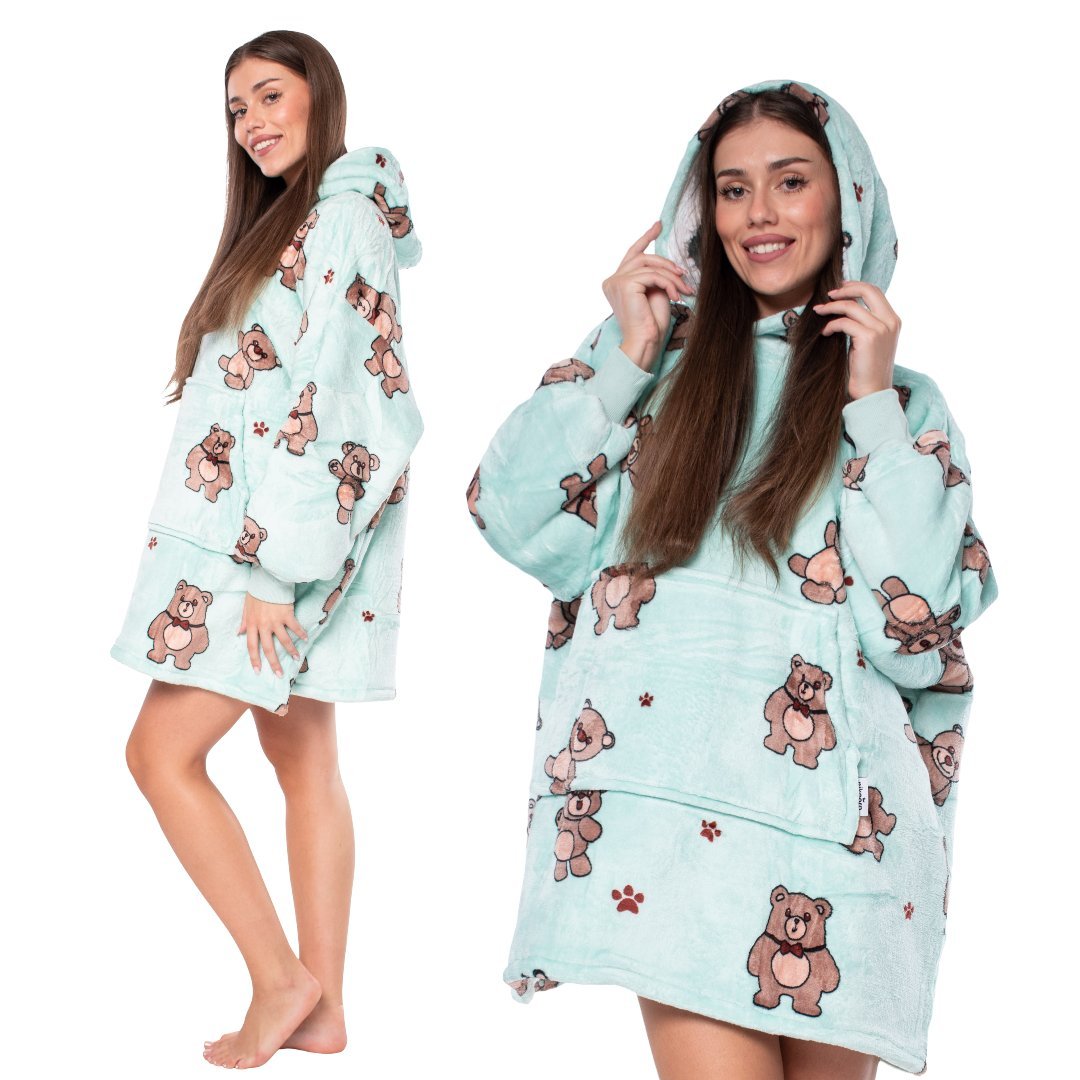 Bluza Koc Kocobluza 2w1 Oversize Kaptur Gruba Sherpa Niebieska w Misie