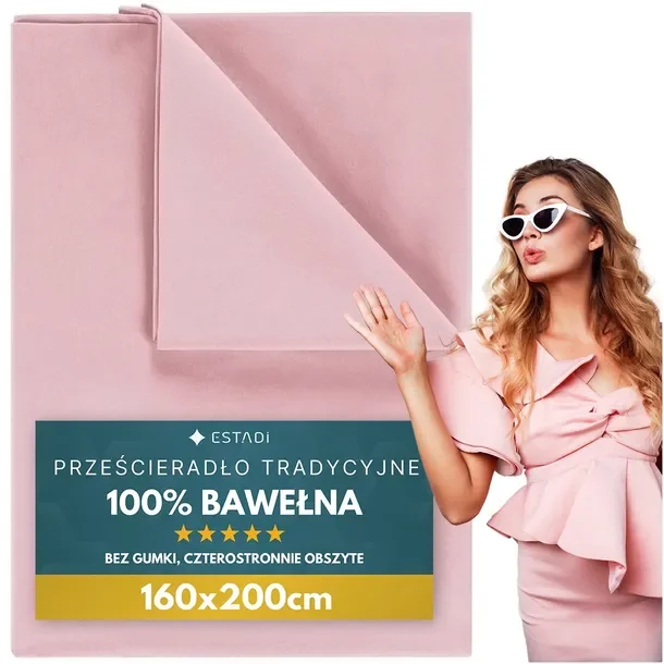 Prześcieradło bez Gumki Tradycyjne 160x200 cm Bawełniane Różowe Pudrowe