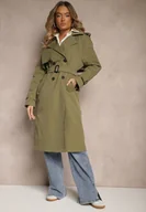 Płaszcze damskie - Ciemnozielony Klasyczny Płaszcz Trencz z Wiskozą o Dwurzędowym Kroju z Paskiem Mokaia - miniaturka - grafika 1