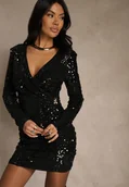 Sukienki - Czarna Cekinowa Sukienka Longsleeve o Dopasowanym Kroju z Dekoltem V Loweda - Renee - miniaturka - grafika 1