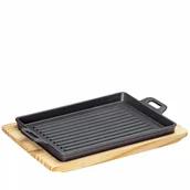 Patelnie - Patelnia grillowa na podstawce, 32 x 22 x 3,5 cm, żeliwo/drewno sosnowe kod: KU-0305351026 - miniaturka - grafika 1