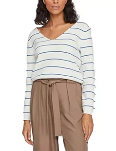 Vila Damski sweter VICHAO V-Neck L/S Knit TOP/SU-NOOS dzianinowy sweter, biały Alyssum/Stripes: Federal Blue, S, White Alyssum/Stripes:federal Blue, S - Swetry damskie - miniaturka - grafika 1
