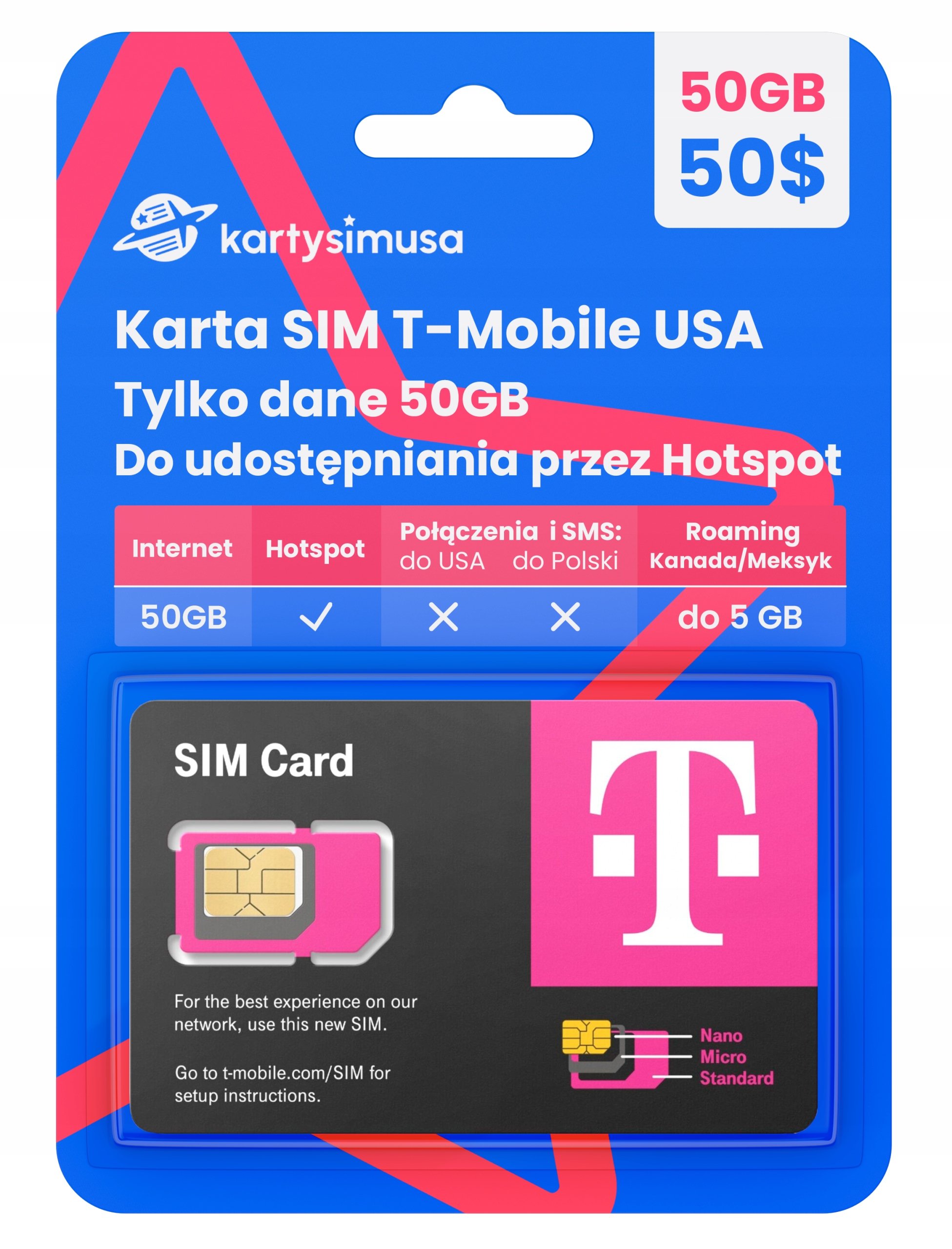 Karta Sim T-Mobile Usa hotspot 50GB