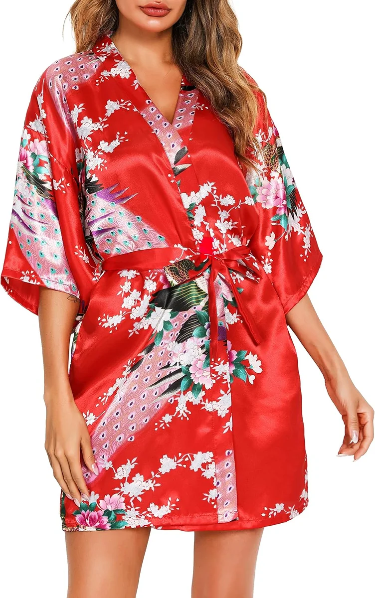 SZLAFROK DAMSKI KRÓTKI KIMONO SATYNOWY KWIATOWY