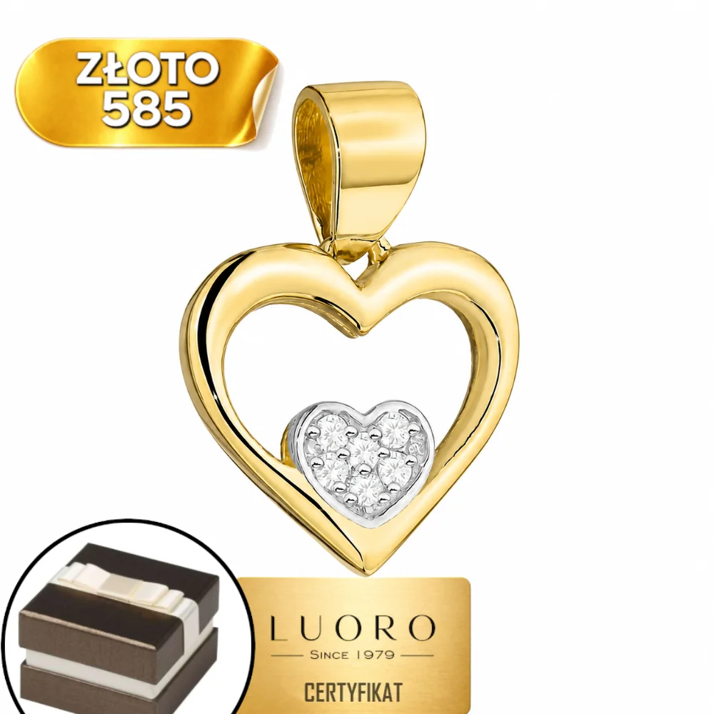 ZAWIESZKA ZŁOTA 585 14K SERCE CYRKONIE BIAŁE ZŁOTO ELEGANCKA 1,8 CM