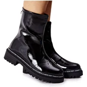 Botki damskie - S.Barski Damskie Lakierowane Ocieplane Botki Czarne Merellien - miniaturka - grafika 1