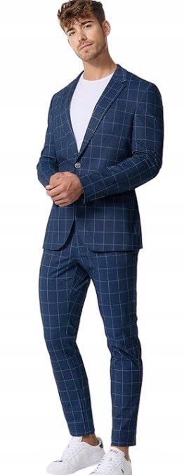 JEFF GRANATOWE ELEGANCKIE SPODNIE CHINOS W KRATĘ 33/32 RŁA