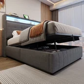 Meble do sypialni - Łóżko z pojemnikiem na pościel 140 x 200 cm, zagłówkiem i przegródkami - diody LED i port USB - tkanina lniana - szare (bez materaca) - miniaturka - grafika 1