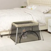 Łóżeczka i kojce - vidaXL Kojec dla dziecka z materacem, kolor taupe, lniana tkanina - miniaturka - grafika 1