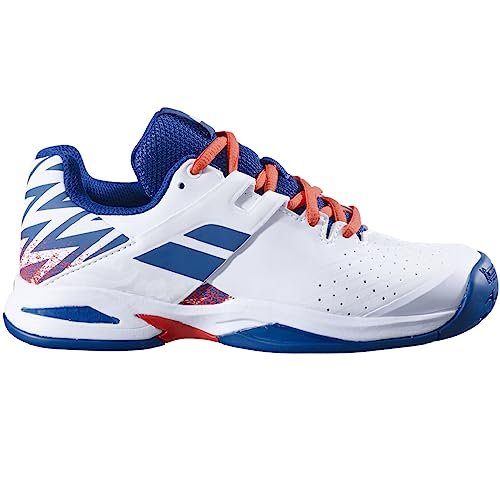 Babolat Propulse All-Court chłopięce buty tenisowe dla dzieci – wsparcie, amortyzacja i trwałość, szeroki pasek do przewijania, oddychająca podeszwa OrthoLite, francuska marka białe/Estate Blue,