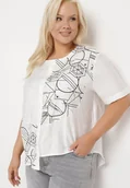 Bluzki damskie - Biała Bawełniana Bluzka T-shirt z Krótkim Rękawem z Nadrukiem i Guzikami Fiomara - miniaturka - grafika 1