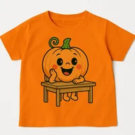 Koszulki dla dziewczynek - Pomarańczowa koszulka NA DZIEŃ DYNI Z DYNIĄ W SZKOLNEJ ŁAWCE (wersja2) - miniaturka - grafika 1