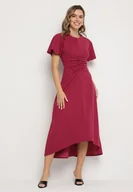 Sukienki - Bordowa Rozkloszowana Sukienka Ozdobiona Marszczeniem Odallica - miniaturka - grafika 1