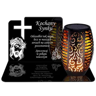 ZNICZ SOLARNY LED WIECZNY PODSTAWKA NA CMENTARZ GRÓB Krzyż EFEKT PŁOMIENIA DLA SYNA - Lampiony i znicze - miniaturka - grafika 1