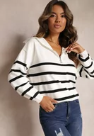 Swetry damskie - Biały Golf ze Ściągaczami w Paski Zapinany na Suwak Likatte - miniaturka - grafika 1