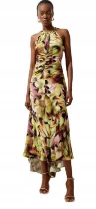 KAREN MILLEN SUKIENKA MIDI HALTER Z PRINTEM I MARSZCZENIAMI 36 B1C