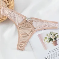 Majtki damskie - Satynowe stringi z ozdobnym serduszkiem - Beżowy S/M - miniaturka - grafika 1