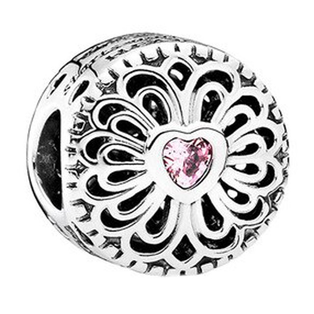 Charms Srebrny Kwiatek Różowe Serce Ażurowy Kwiat Flower SREBRO 925