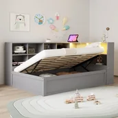 Meble do sypialni - Łóżko ze schowkiem 90 x 200 cm - Gniazda ładowania i diody LED - Sosna + sklejka + MDF - Szare (Bez materaca) - miniaturka - grafika 1