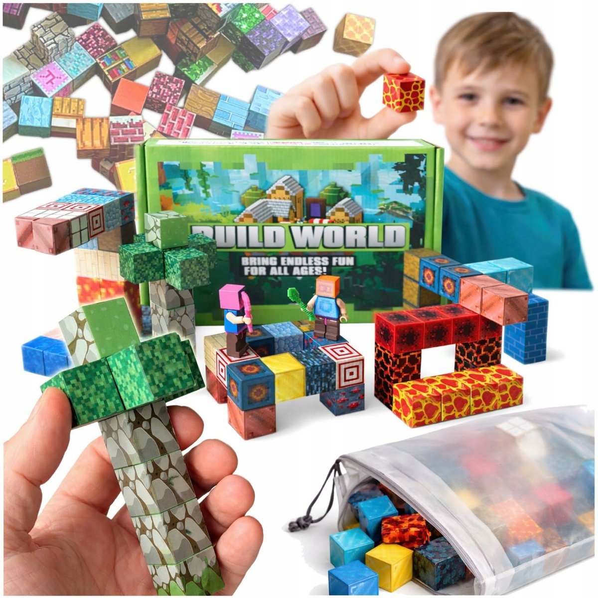 KLOCKI MAGNETYCZNE SZEŚCIANY PIXEL 100 EL + 2 FIGURKI MOCNE MAGNESY 3D