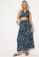 Komplety damskie - Granatowo-Zielony Dwuczęściowy Komplet w Kwiaty Top na Ramiączkach Spódnica z Gumką w Pasie Dimantia - miniaturka - grafika 1