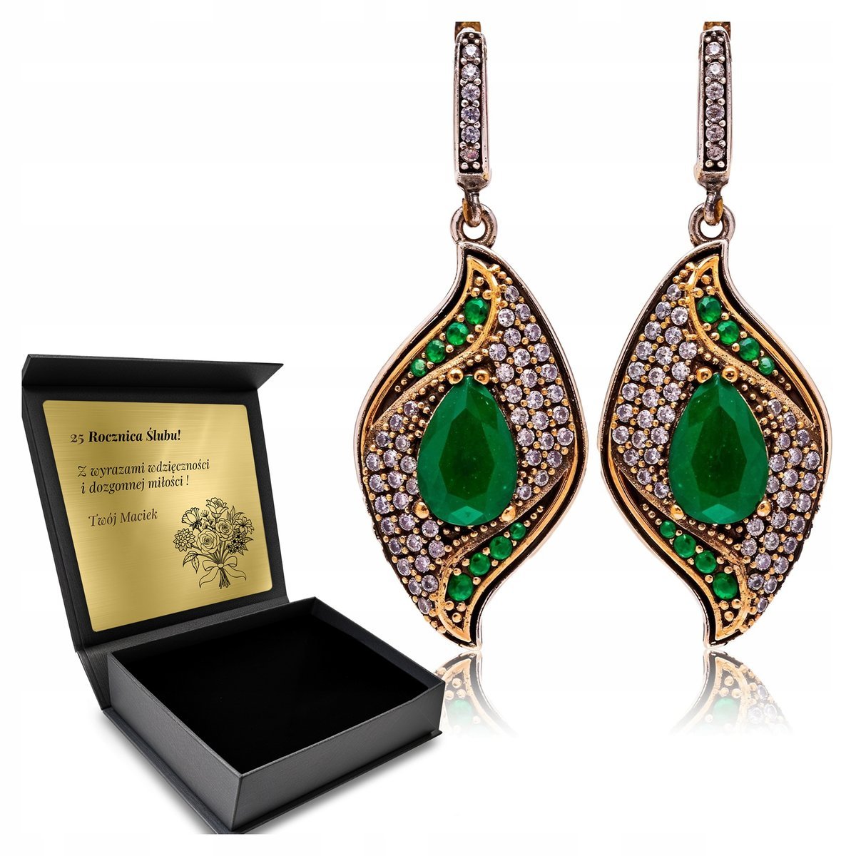 Kolczyki Srebrne 925 Cyrkonie Szmaragd Biżuteria Dla Kobiety + Grawer