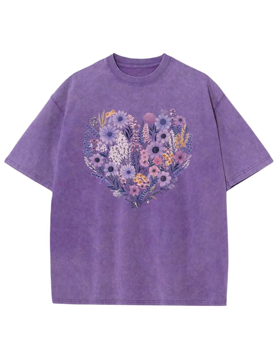 Damska koszulka oversize efekt sprania Kwiatowe Serce Kolory Fioletowa M