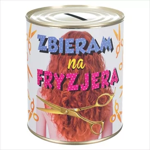 Skarbonka metalowa z napisem 'Zbieram na fryzjera'. Rozmiar 12x10 cm - Skarbonki - miniaturka - grafika 1