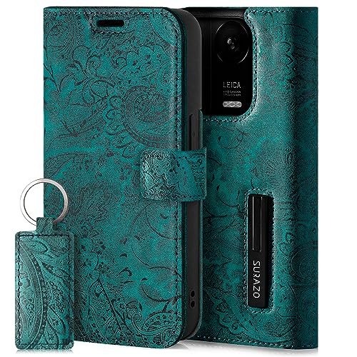 SURAZO Etui na telefon komórkowy klasy premium do Redmi Note 13 Pro 5G – składane etui ochronne z prawdziwej skóry [magnes, przegródka na karty, ochrona RFID, kwiatowy wzór] etui z klapką, skórzane