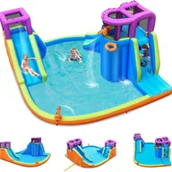 Place zabaw - Nadmuchiwana Konstrukcja Zewnętrzna (Fioletowa) z Podwójną Zjeżdżalnią, Pistoletem Wodnym, Ścianką Wspinaczkową i Koszem, bez Dmuchawy. - miniaturka - grafika 1