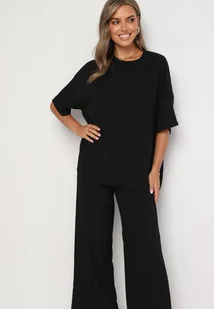 Czarny Komplet Oversize z Bluzką i Długimi Spodniami z Gumką w Pasie Urinivia - Komplety damskie - miniaturka - grafika 1
